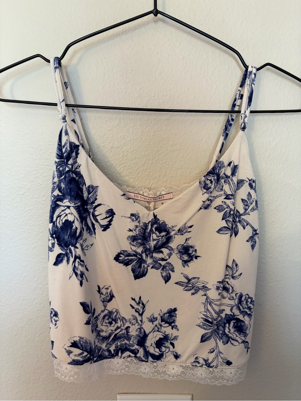 Victoria's Secret White Cami with Navy Floral Print and Lace Trim
